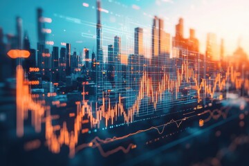 Dynamic city skyline with overlaying financial data analysis and stock market trends during sunset.