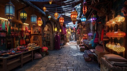 Colorful lanterns illuminate a narrow, cobblestone street lined with shops selling traditional goods.
