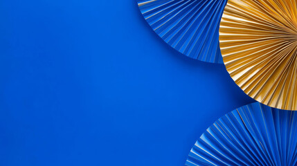 3D paper fans origami design golden blue background. asian new year style wallpaper fashion decoration