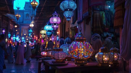 Colorful mosaic lanterns illuminate a bustling marketplace.