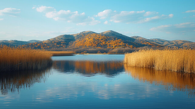 A picturesque picture of nature on the bank of the large Volga River near the Zhiguli Mountains.