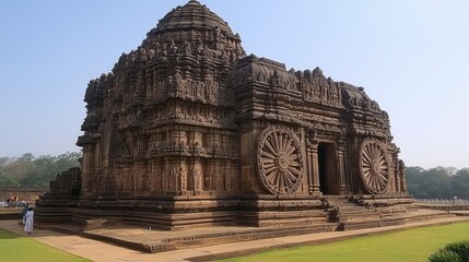 Fototapeta premium The stunning of the Sun Temple in Konark, with its intricate chariot wheels and sculptures, capturing the essence of ancient Indian architecture