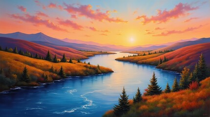 Obraz premium river between the hills, landscape drawing