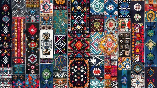 Colorful patchwork fabric with geometric and floral patterns.