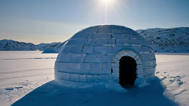 An igloo in snow, under a clear sky, suggests warmth and isolation.