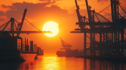 Obraz premium Sunrise over Industrial Port with Cranes