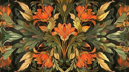 A painting of flowers with a green background. Nouveau nature abstract pattern