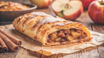 A golden brown apple strudel with a dusting of powdered sugar, resting on parchment paper, alongside cinnamon sticks and fresh apples.