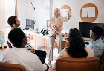 Business, mature leader and training team in office on risk management, financial planning or...