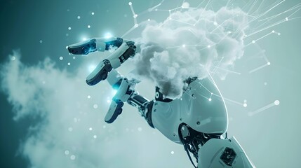 Robot hand Connection in a Digital Landscape with Cloud computing for data storage and transfer for safety Cloud icon with data icon with Blue glowing cloud with a circuit board below it cloud concept