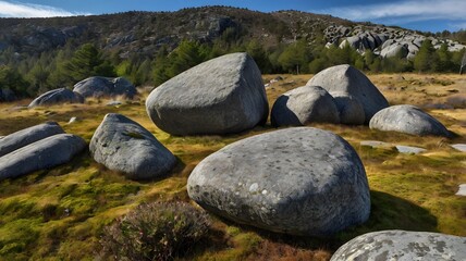 Majestic granite boulders scattered across a serene landscape at midday, inviting exploration and contemplation in nature. Generative AI