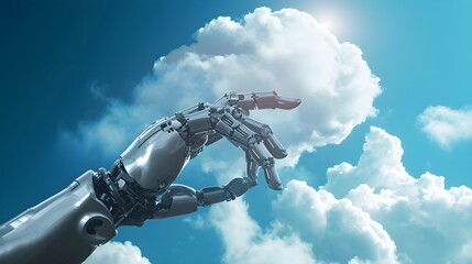 Robot hand Connection in a Digital Landscape with Cloud computing for data storage and transfer for safety Cloud icon with data icon with Blue glowing cloud with a circuit board below it cloud concept