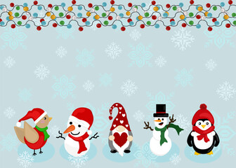 Christmas Characters Border, Winter Animals and Snowman, Festive Holiday Illustration, Cute Christmas Scene