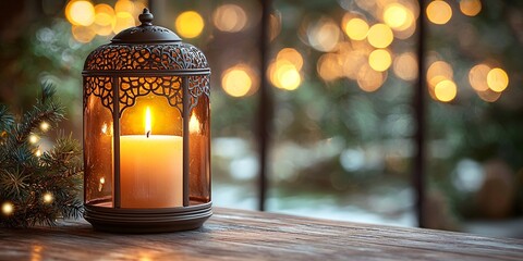 A beautifully illuminated golden lantern exuding warmth, ideal for Eid al-Adha and Eid Mubarak celebrations, creating an inviting atmosphere for winter festivities.
