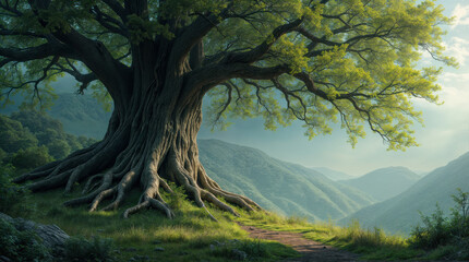 Fototapeta premium A fantasy illustration of a large tree with hills in the background. Landscape. A graphic resource. Space for photographers to create composites.