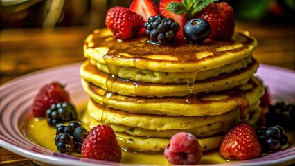 A stack of golden brown pancakes drizzled with sweet syrup and topped with fresh, juicy berries, a perfect combination of fluffy and fruity flavors.
