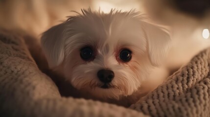 A cute white dog resting comfortably in a cozy blanket with warm lighting.