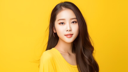 Fototapeta premium Portrait of smiling asian teenager girl yellow background.
