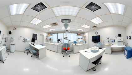 360 hdri panorama inside interior of modern research medical laboratory or ophthalmological clinic with equipment  in equirectangular spherical projection isolated with white highlights, png