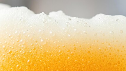Tiny bubbles rise gently from the surface of a frothy beer, each one a delicate sphere of carbonation, surface tension, microscopic world, tiny spheres
