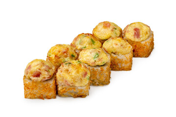 Japanese rolls, fried sushi tempura with cheese and vegetables on a white background, isolated.