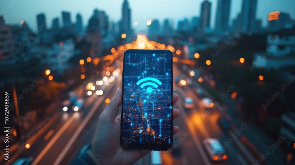 Poster smartphone with 5g signal icon displayed on the screen fast mobile network in use urban cityscape in