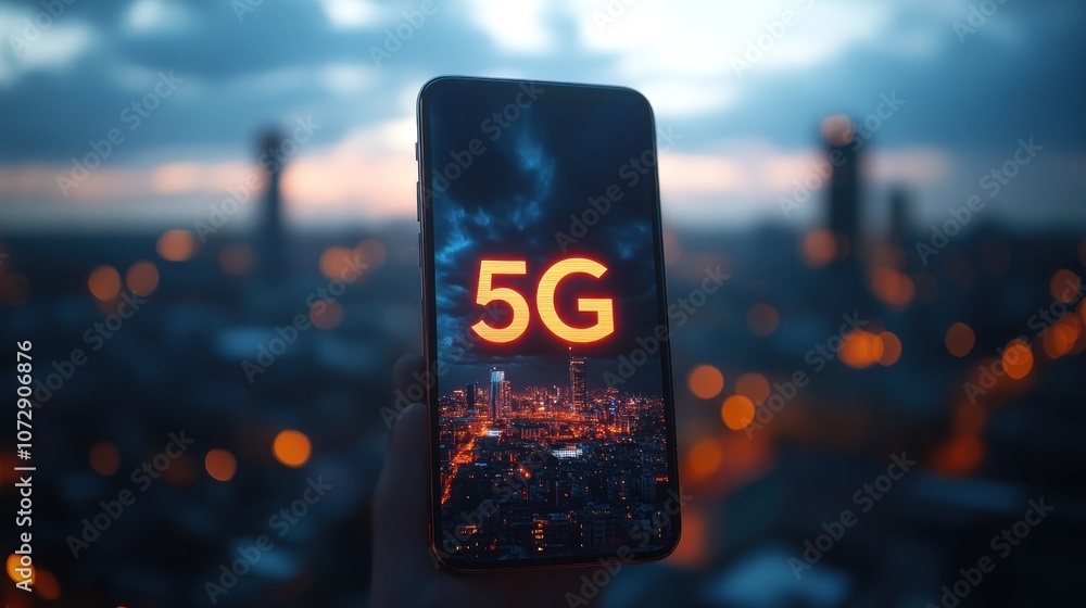 Aufkleber smartphone with 5g signal icon displayed on the screen fast mobile network in use urban cityscape in