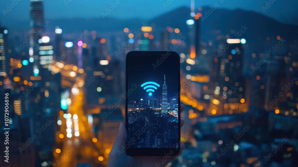 Poster smartphone with 5g signal icon displayed on the screen fast mobile network in use urban cityscape in