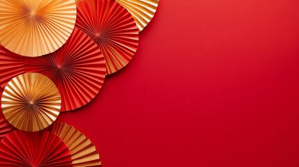 3D paper fans origami design golden red background. asian new year style wallpaper fashion decoration