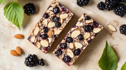 Blackcurrant almond biscotti on a beige background, with blackcurrants and sliced almonds for a decorative touch