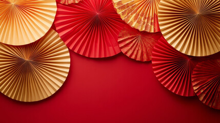 3D paper fans origami design golden red background. asian new year style wallpaper fashion decoration