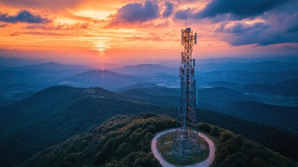Telecommunications tower in a rural area providing network coverage across vast landscapes linking remote areas to modern communication systems