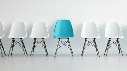 Obraz premium Single blue chair among white chairs in a line, symbolizing talent selection and leadership