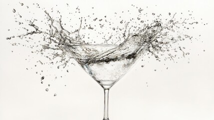 Water cascading out of a glass, droplets frozen mid-air in fine detail, against a pure white background