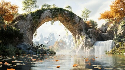 A natural stone arch and waterfall along the Yellow River in China