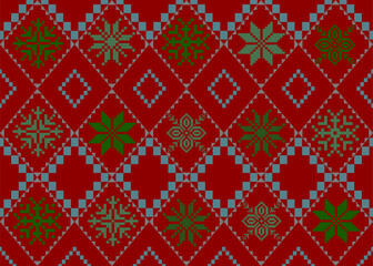 Seamless Red and Green Knitted Pattern, Snowflake Christmas Knit, Wintery Knitted Background, Festive Knitted Texture
