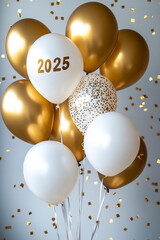 2025 in gold letters celebration banner in portrait orientation with white and gold balloons