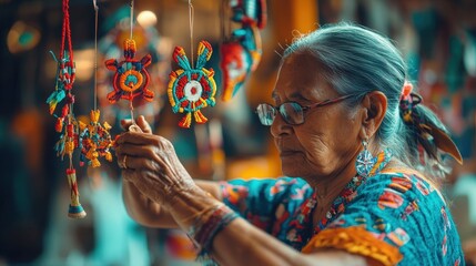 An elderly woman crafts colorful ornaments, showcasing traditional artistry skills.