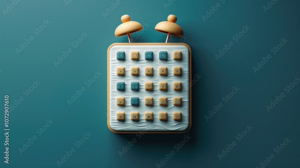 Poster a 3d rendering of a square alarm clock with a blue and yellow textured surface.