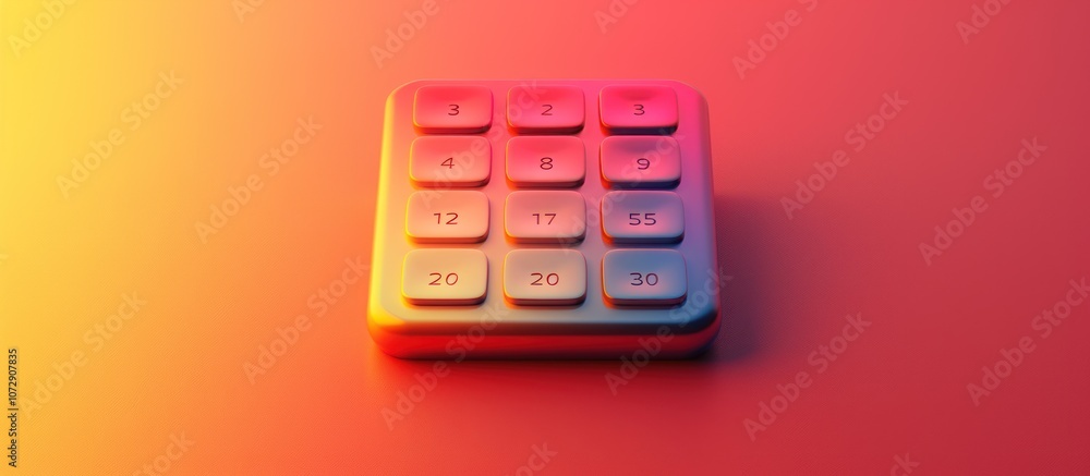 Poster a 3d rendered metallic keypad with nine buttons arranged in a 3x3 grid against a red-orange backgrou