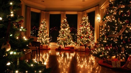 The hall is filled with Christmas trees