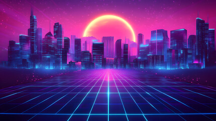 Fototapeta premium Retro futuristic design with glowing elements and neon colors.