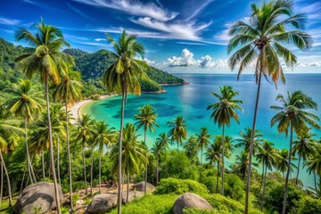 Obraz premium Stunning Panoramic View of Tropical Landscape with Palm Trees Overlooking Turquoise Sea Water in the Lush Jungle of Koh Tao Island, Thailand