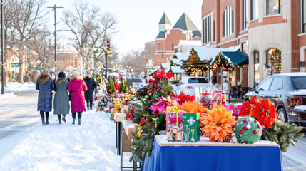 bustling winter market filled with holiday decorations and cheerful shoppers on snowy street