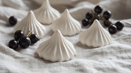 Blackcurrant meringue cookies with light peaks, on a linen background, with a few blackcurrants for color
