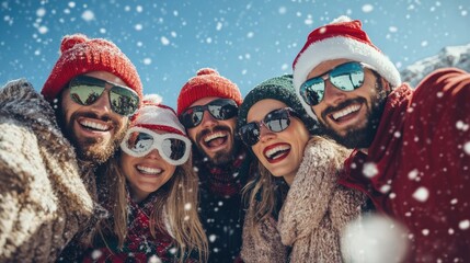 Joyful friends enjoying winter snow and festive spirit with hats and smiles.