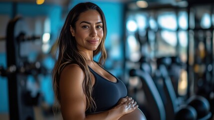 Fototapeta premium Pregnant woman smiling in gym, showcasing fitness and health during pregnancy.