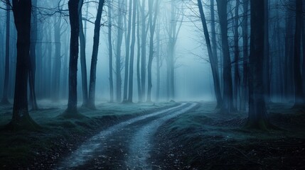 Naklejka premium Mysterious foggy forest with winding path.