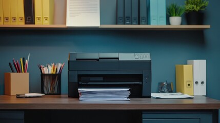 Modern Workspace with Printer and Organized Stationery