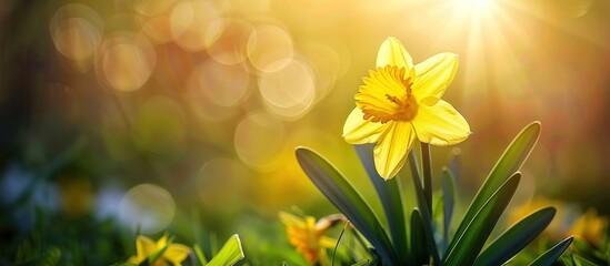 Fototapeta premium A single yellow daffodil blooms in a field of green grass, bathed in warm sunlight with bokeh.